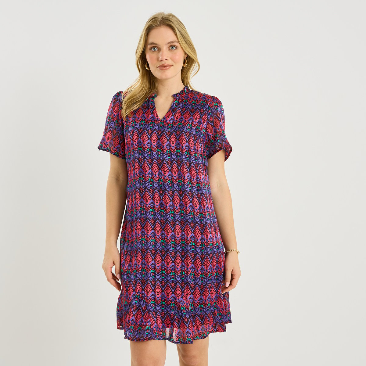 Robe courte fluide imprimé géométrique rose, GRAIN DE MALICE