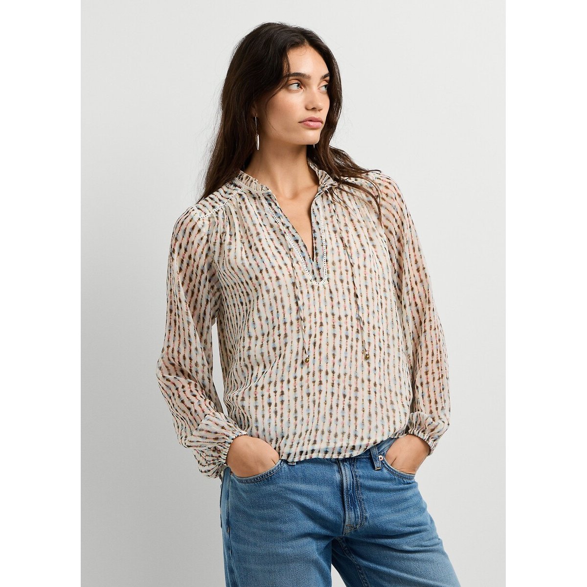 Blouse imprimée à col montant à nouer imprimé écru, PEPE JEANS