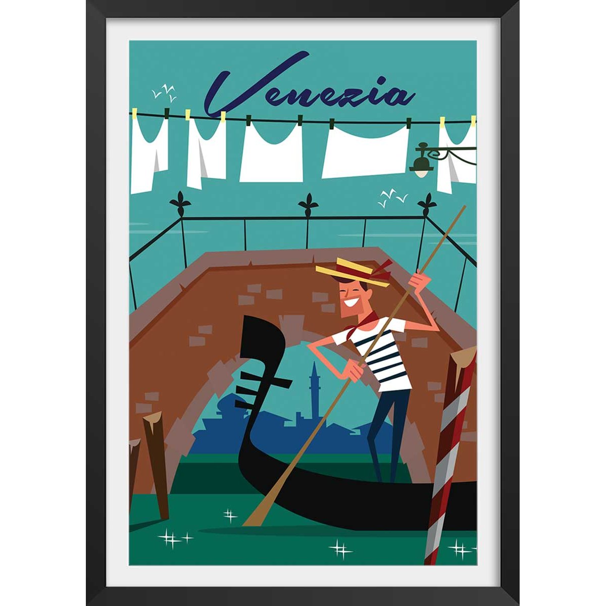 Affiche Gondole à Venise affiche + cadre en bois - noir, HEXOA
