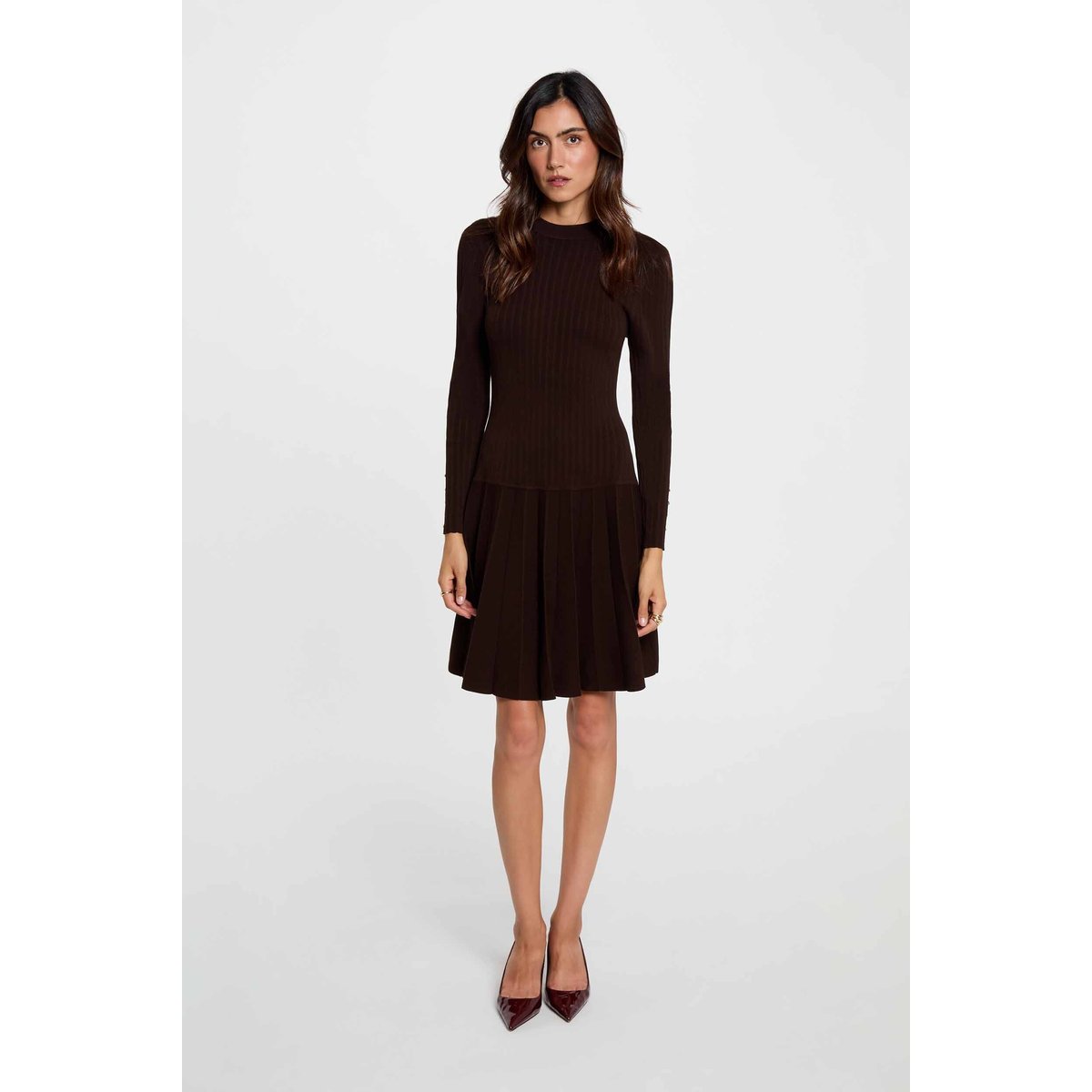 Robe tricot manches longues marron foncé, MORGAN