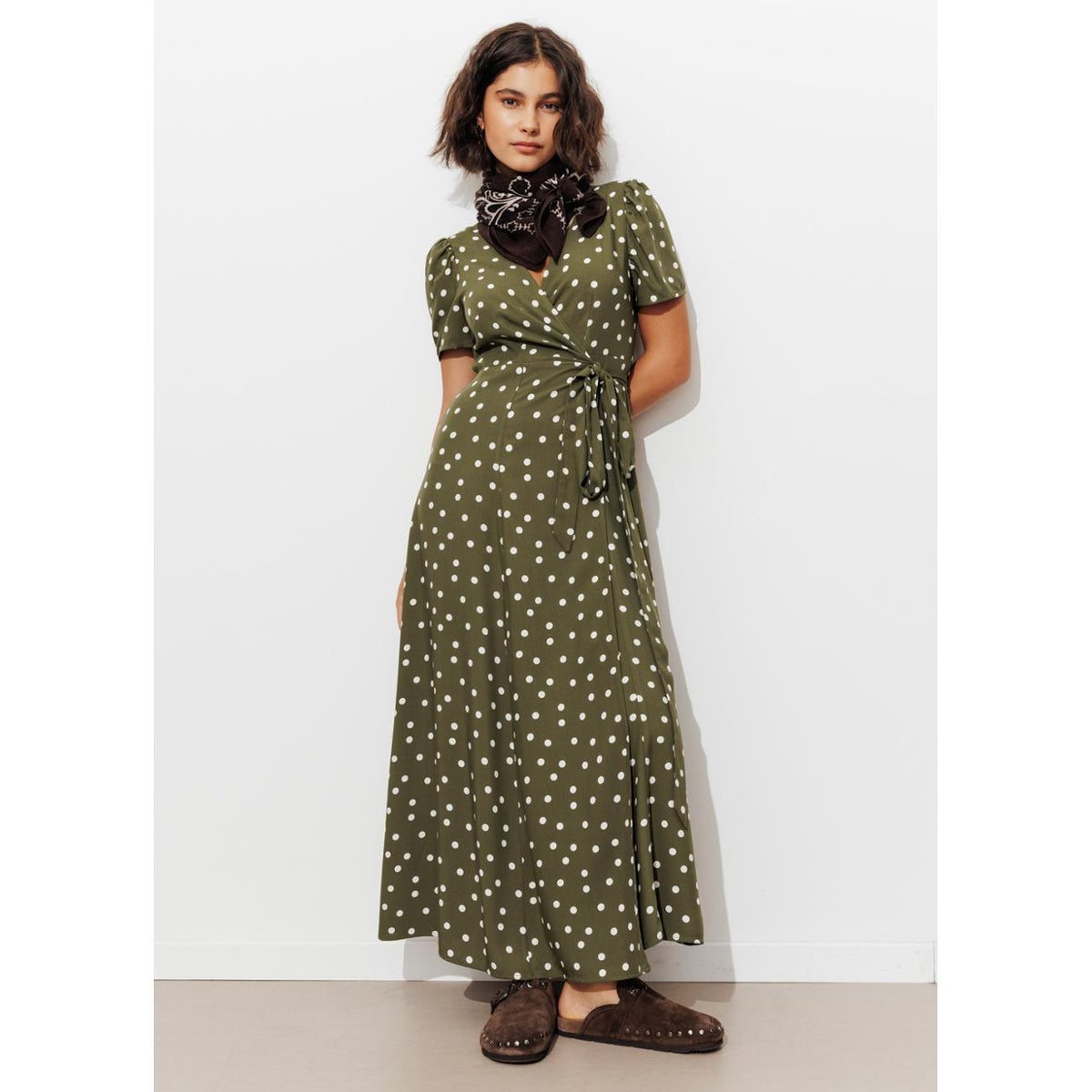 Robe longue à pois imprimé kaki, PROMOD