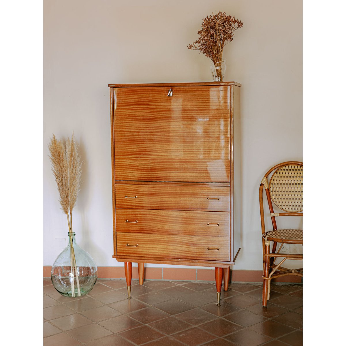 Secrétaire mid-century en bois vernis Honoré N°203 - Bon état bois clair, DEBONGOUT
