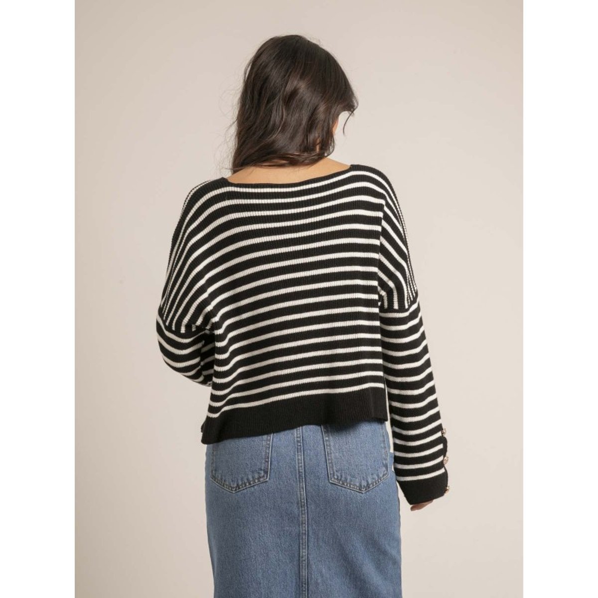 Pull à Rayures Col V Kapucine noir, DONA LISA