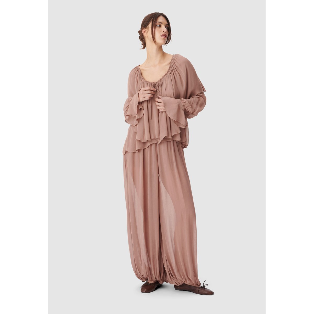 Blouse fluide large volant marron, IKKS
