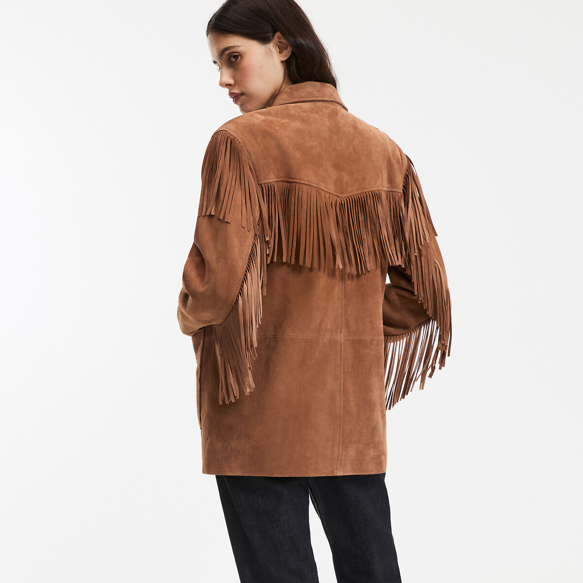 Recht jasje met franjes, van geitenleer kastanje kameel, LA REDOUTE COLLECTIONS