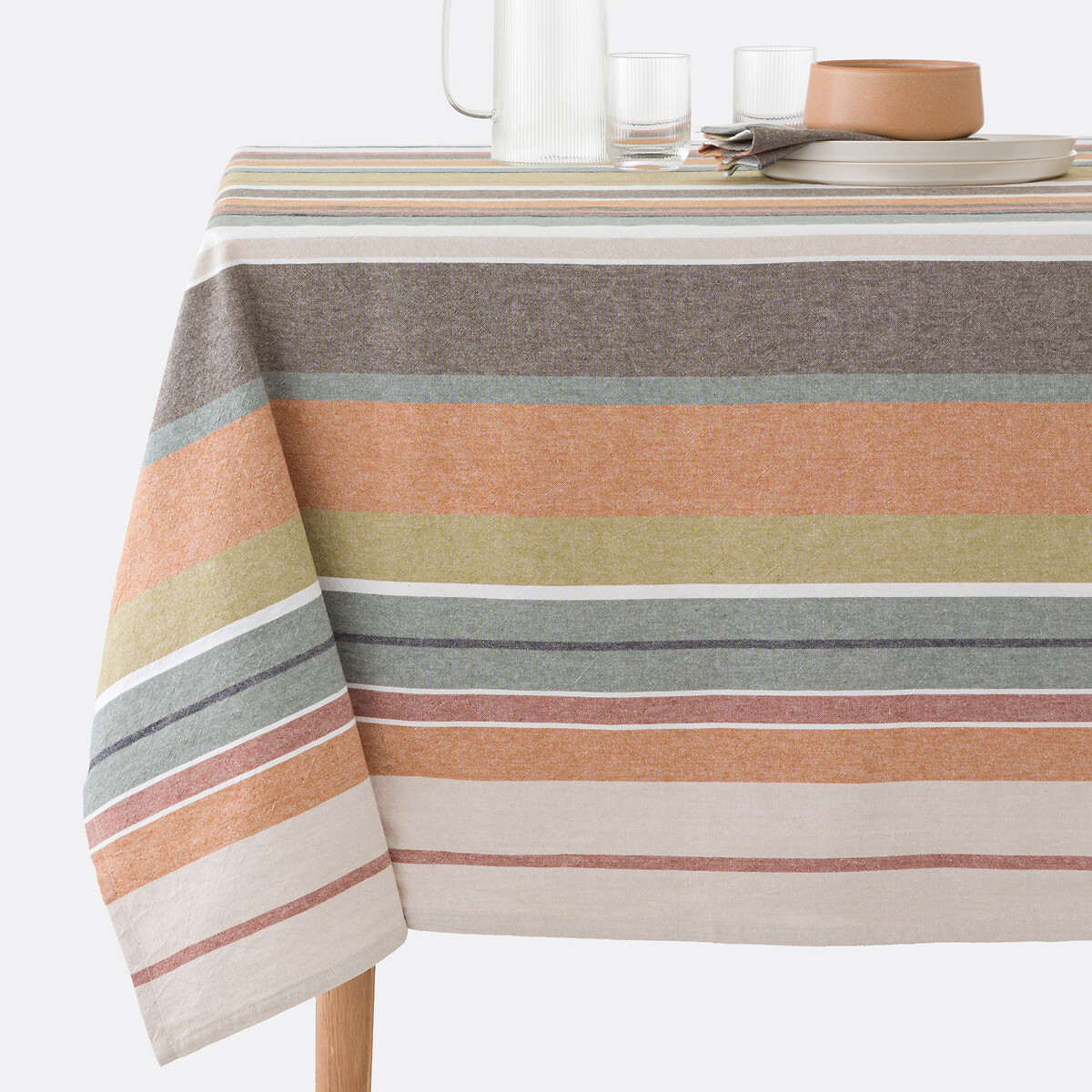 Nappe rayures coton lavé tissé-teint, Antika kaki/caramel, LA REDOUTE INTERIEURS