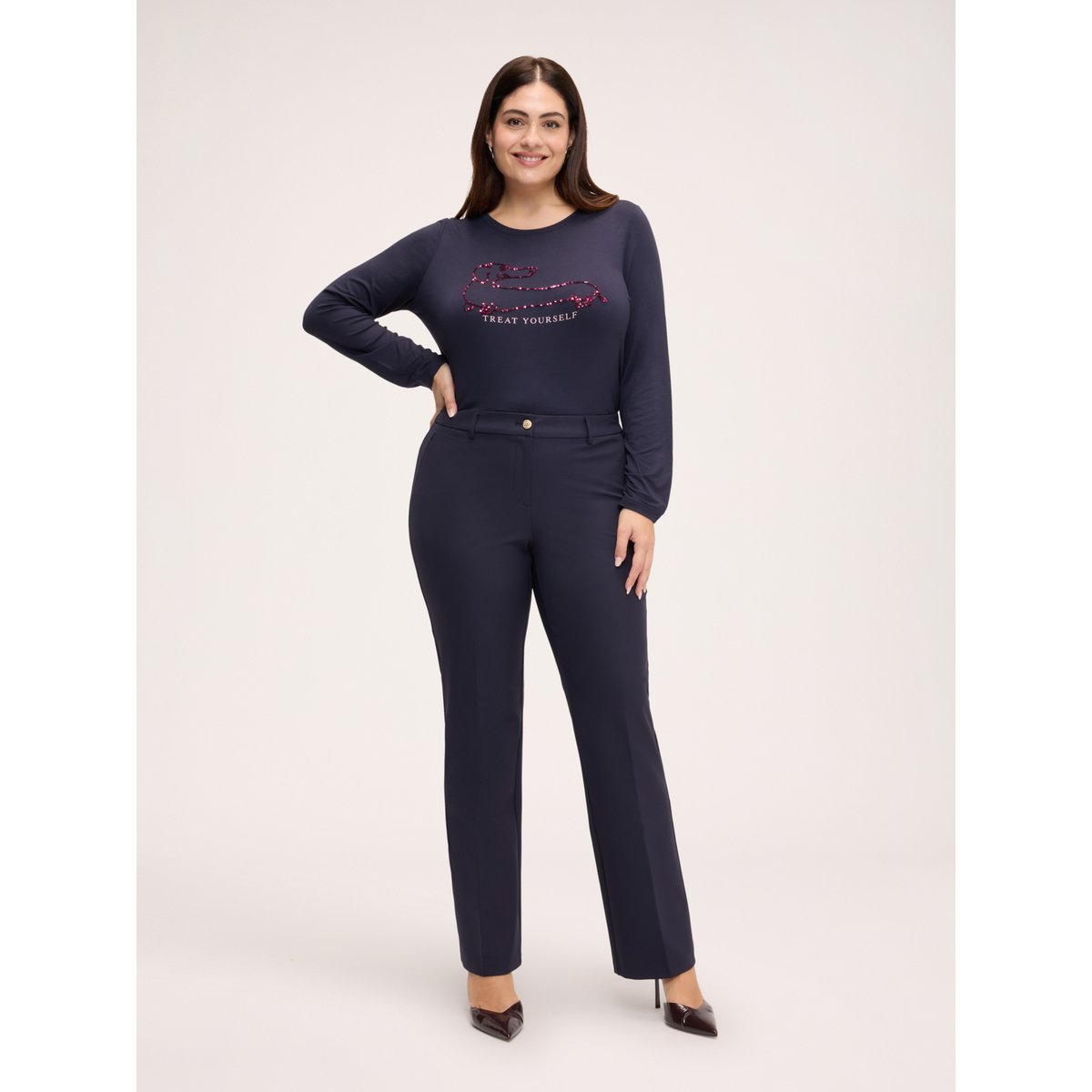 Pantalon regular avec bouton bijou bleu, FIORELLA RUBINO