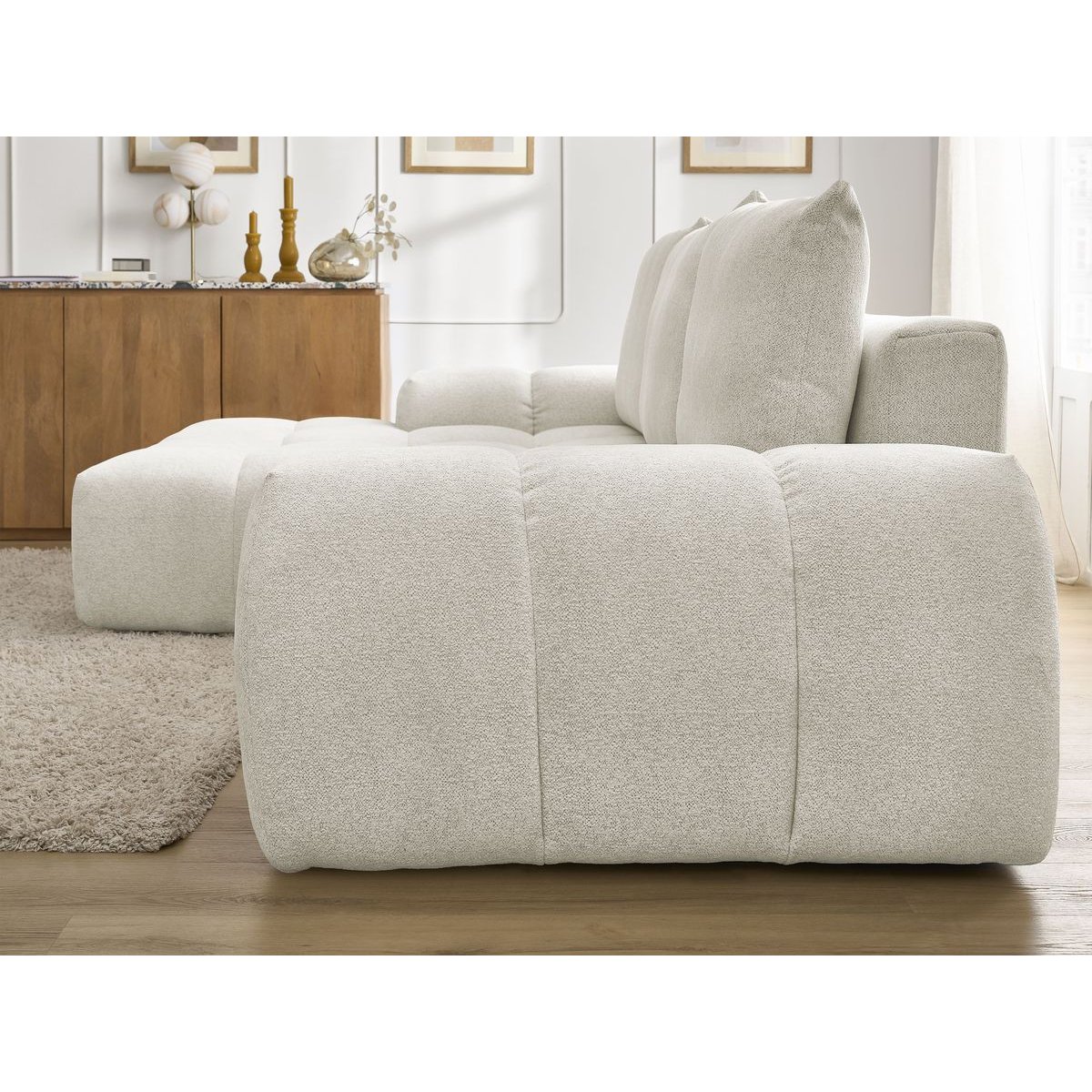 Canapé d'angle convertible 3 places en tissu chiné, EVEREST blanc, BOBOCHIC