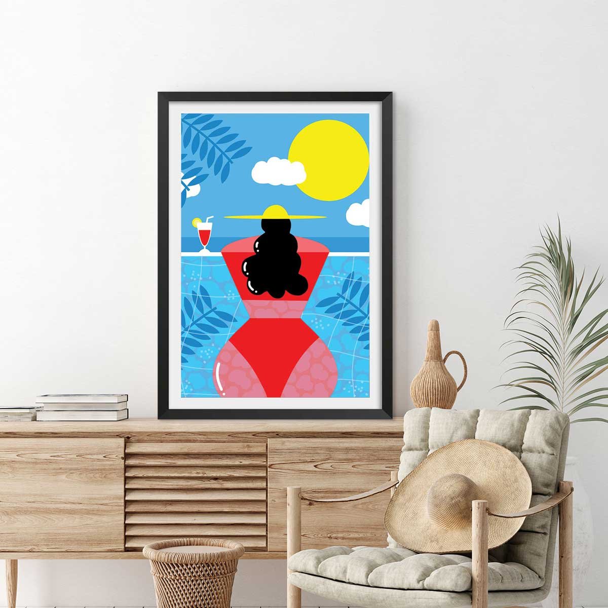 Affiche femme au bord de la piscine affiche + cadre en bois - noir, HEXOA