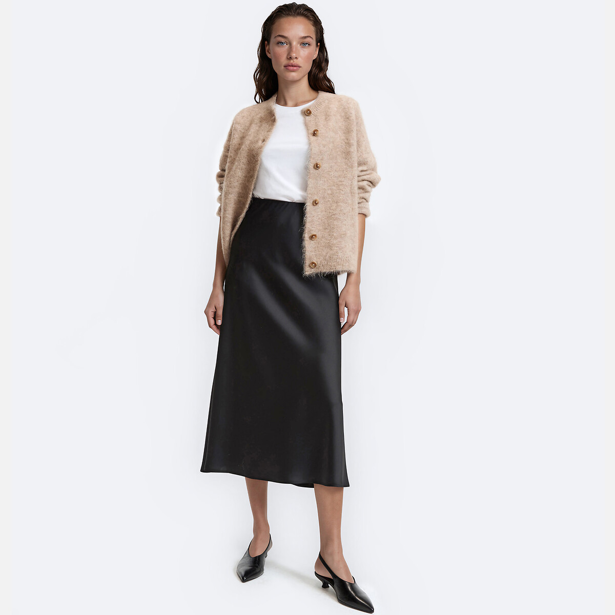 Jupe midi évasée en satin mat à taille élastiquée noir, LA REDOUTE COLLECTIONS