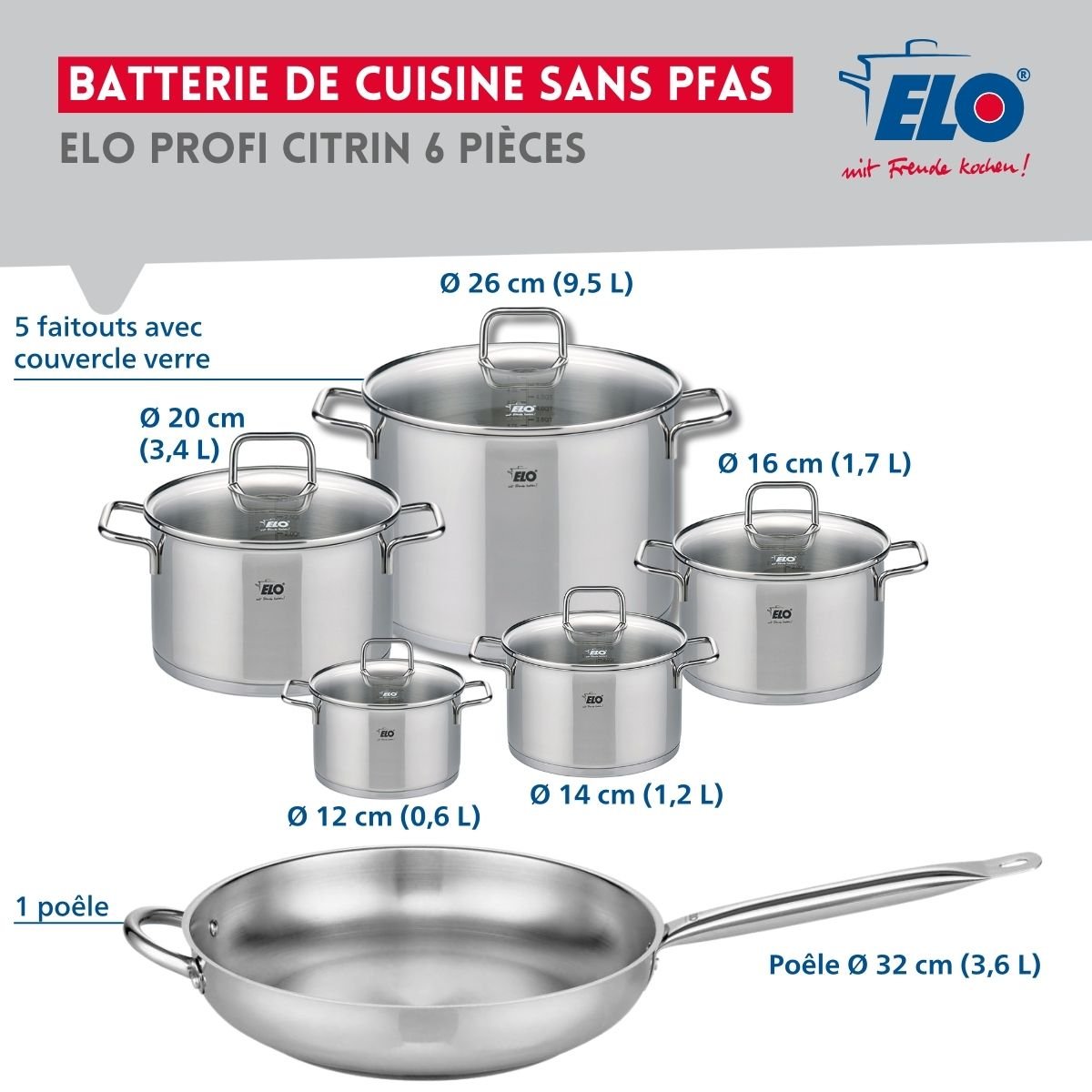 Batterie 1 poêle 32cm + 5 faitouts 12/14/16/20/26cm PROFI CITRIN gris, ELO