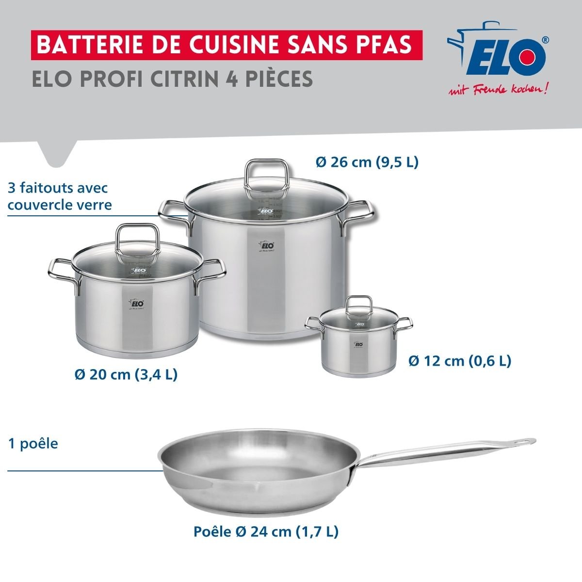 Batterie 1 poêle 24cm + 3 faitouts 12/20/26cm PROFI CITRIN gris, ELO