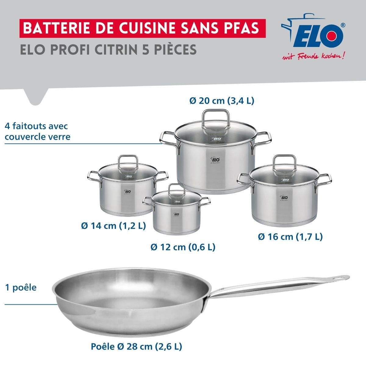 Batterie 1 poêle 28cm + 4 faitouts 12/14/16/20cm PROFI CITRIN inox, ELO