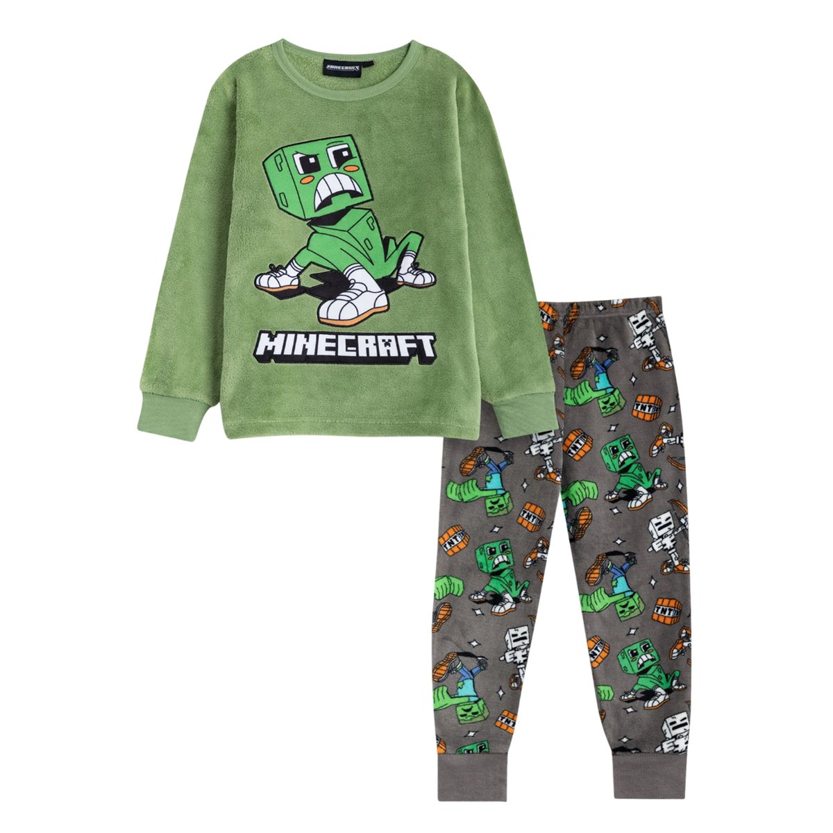 Ensemble de pyjama long manches longues motif Creeper vert / gris, MINECRAFT