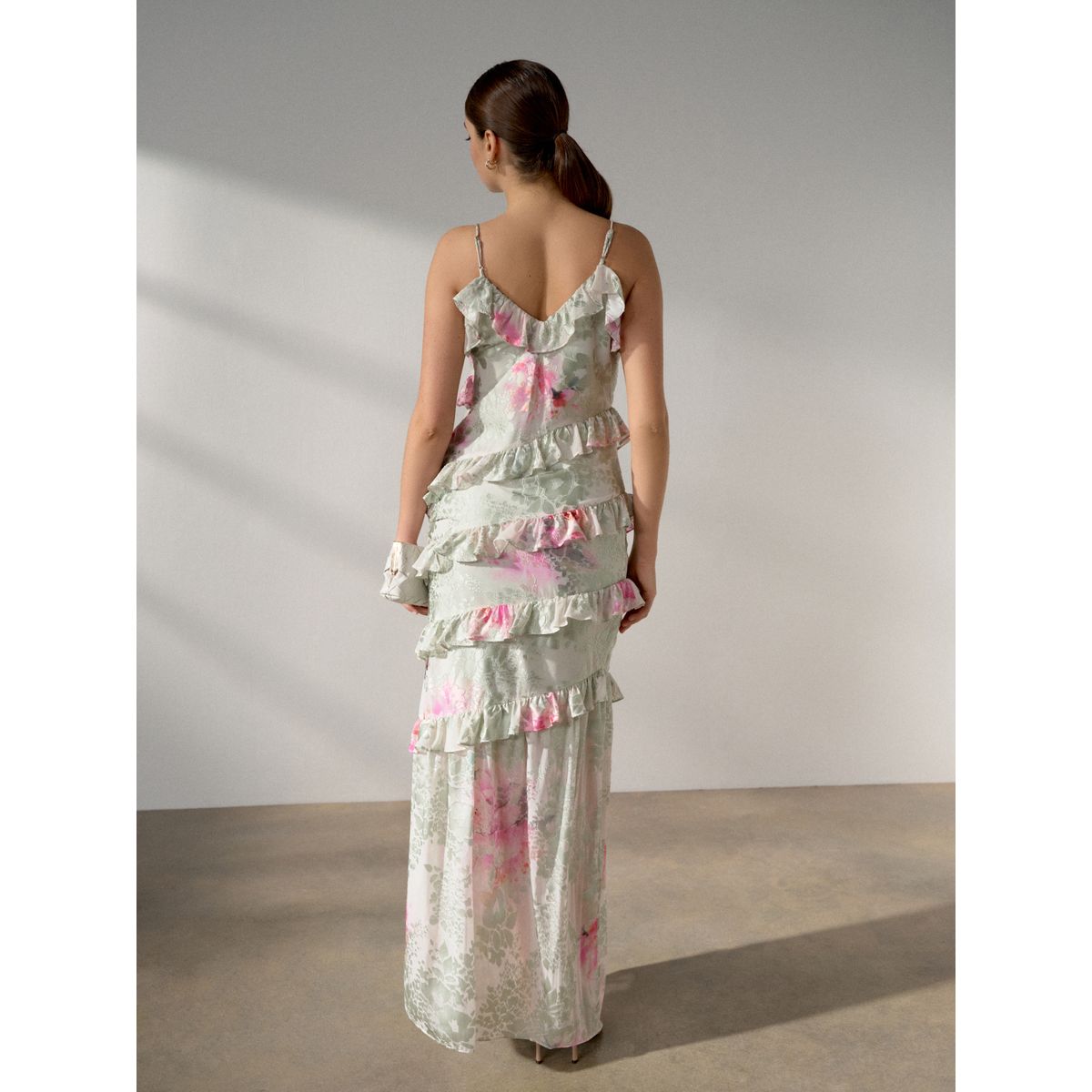 Robe à fines bretelles et volants imprimé floral vert, NEXT