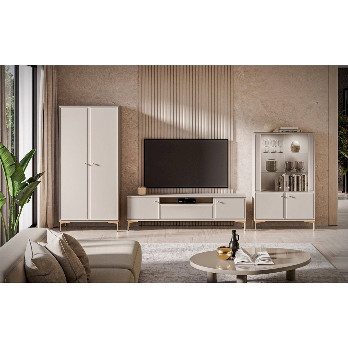 Armoire 2 portes bois collection SANDRO beige cachemire et doré, RECOLLECTION