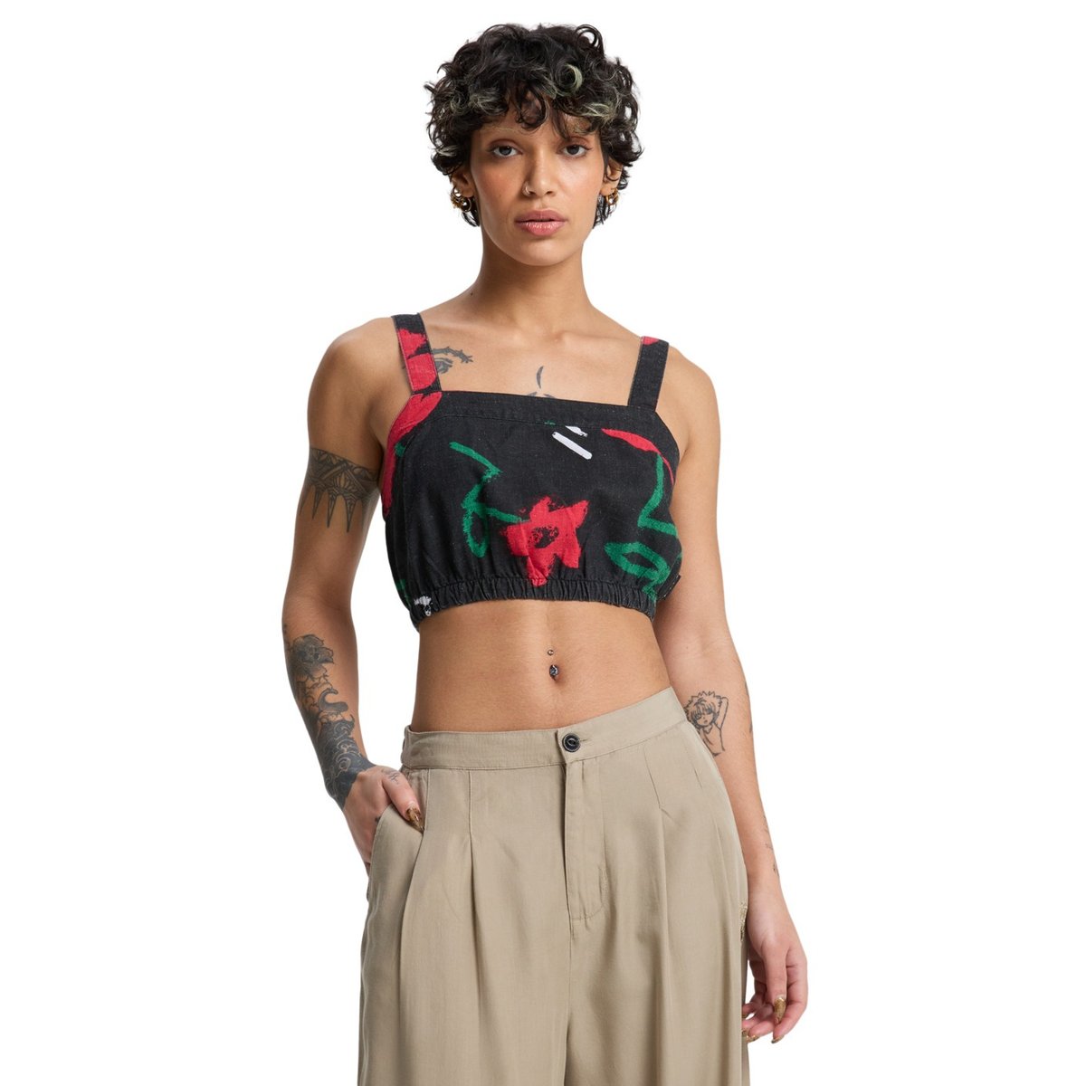 Crop top PALMA noir black street floral 64, QUIKSILVER