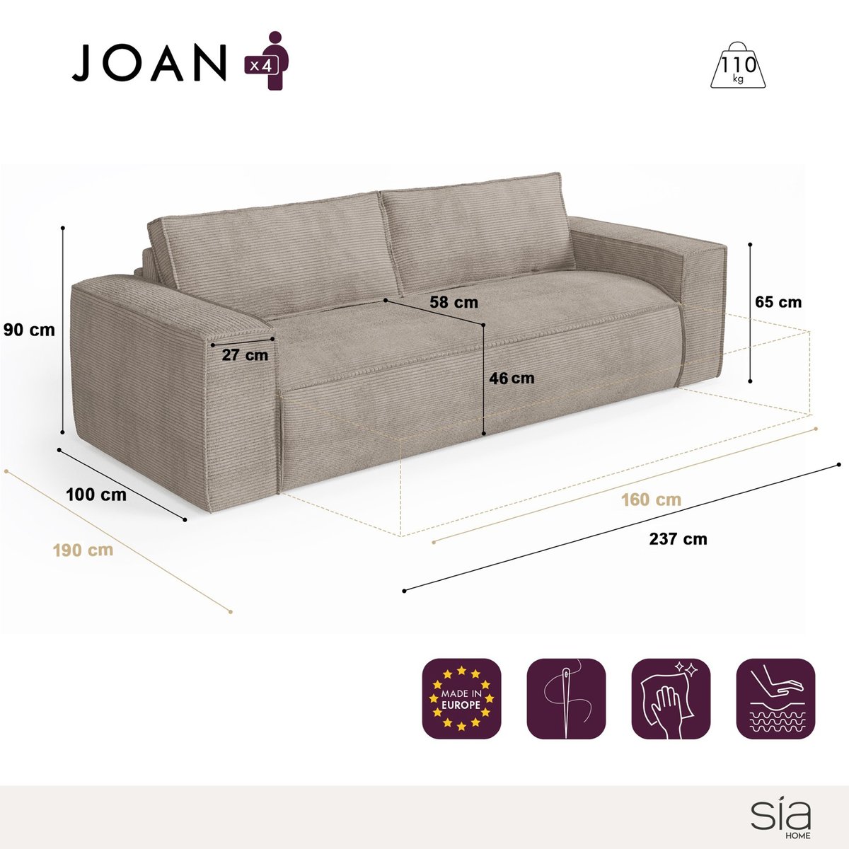 Canapé convertible express 160cm 3 places en velours côtelé JOAN crème, SIA HOME