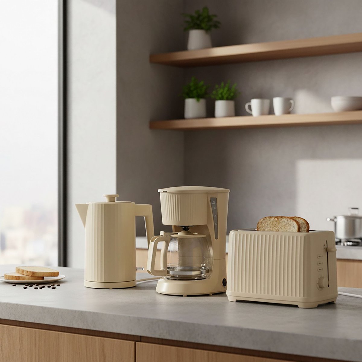 Bouilloire électrique 1,7L en polypropylène strié crème, MENASTYL