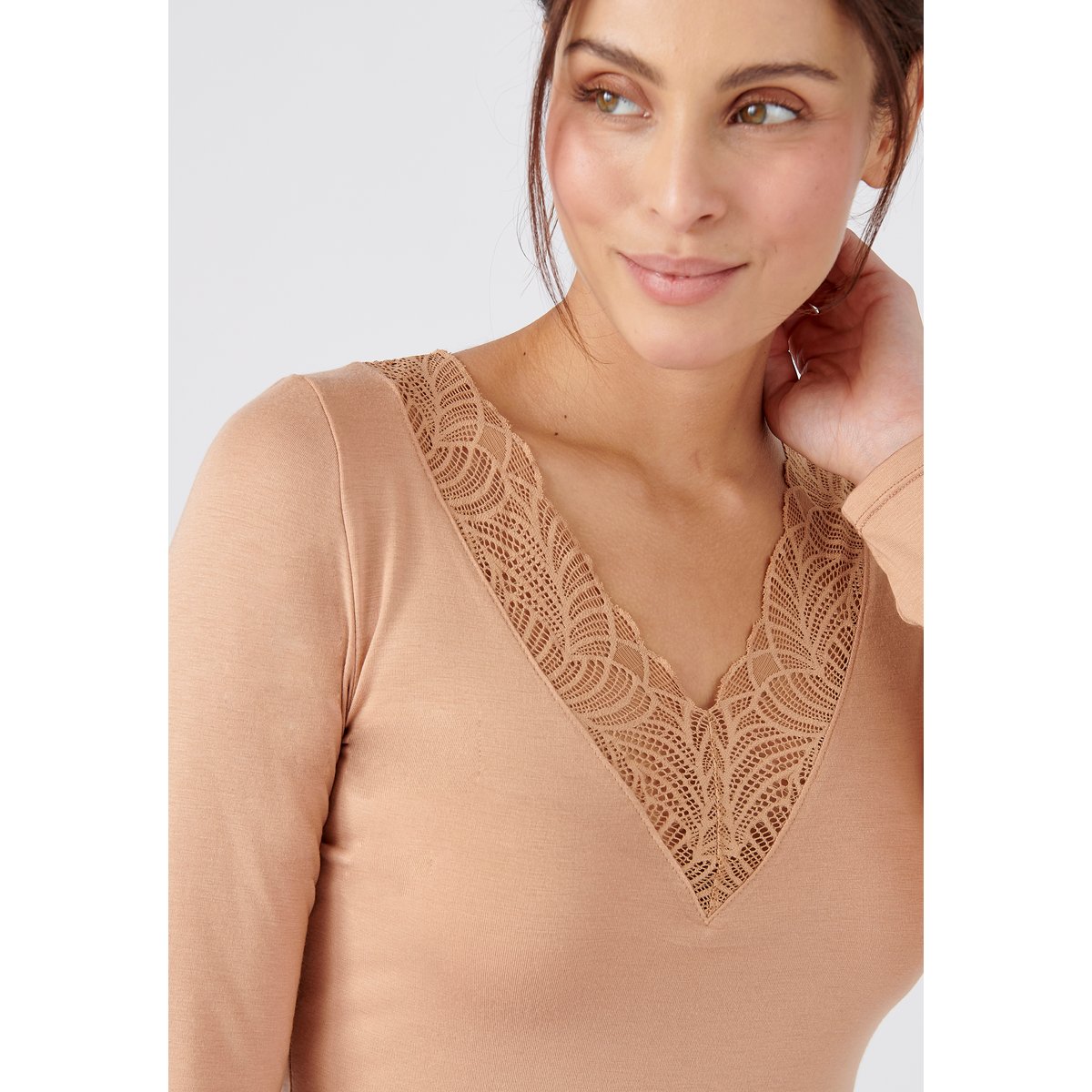 T-shirt dentelle Thermolactyl Sensitive écru marron ambre, DAMART