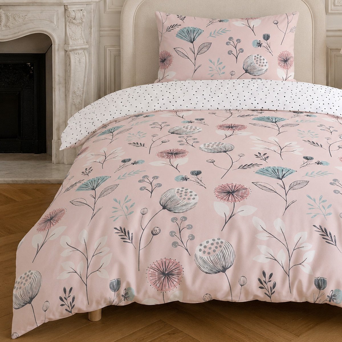 Parure housse de couette en coton floral rose, OLIA rose, C DESIGN HOME TEXTILE