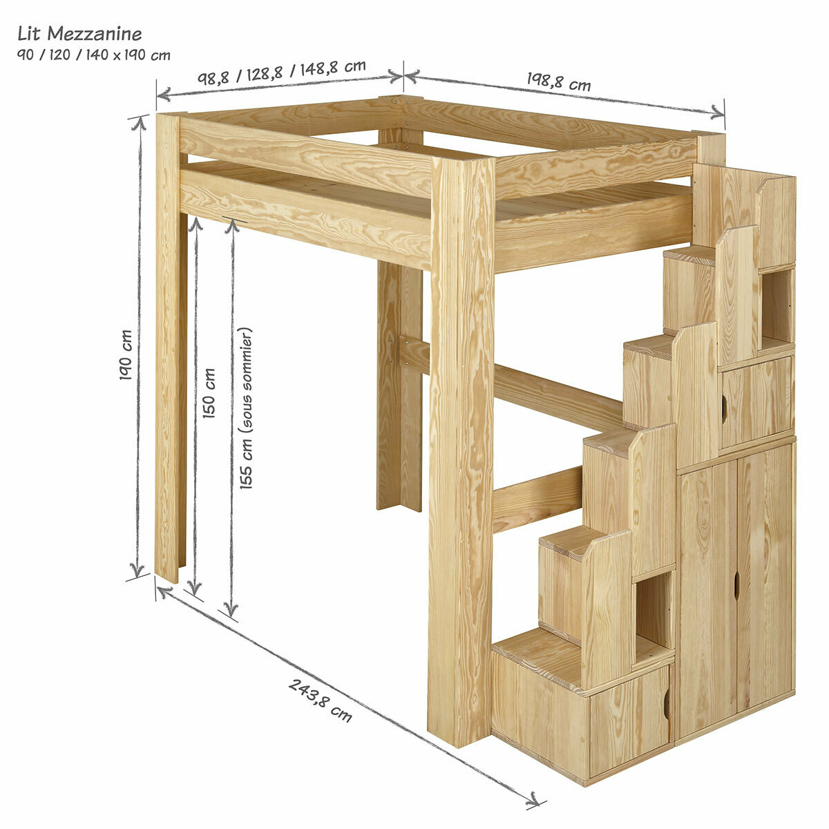 Pack lit mezzanine avec escalier, bureau et matelas Bois massif LEX blanc, AKITEN RETAIL