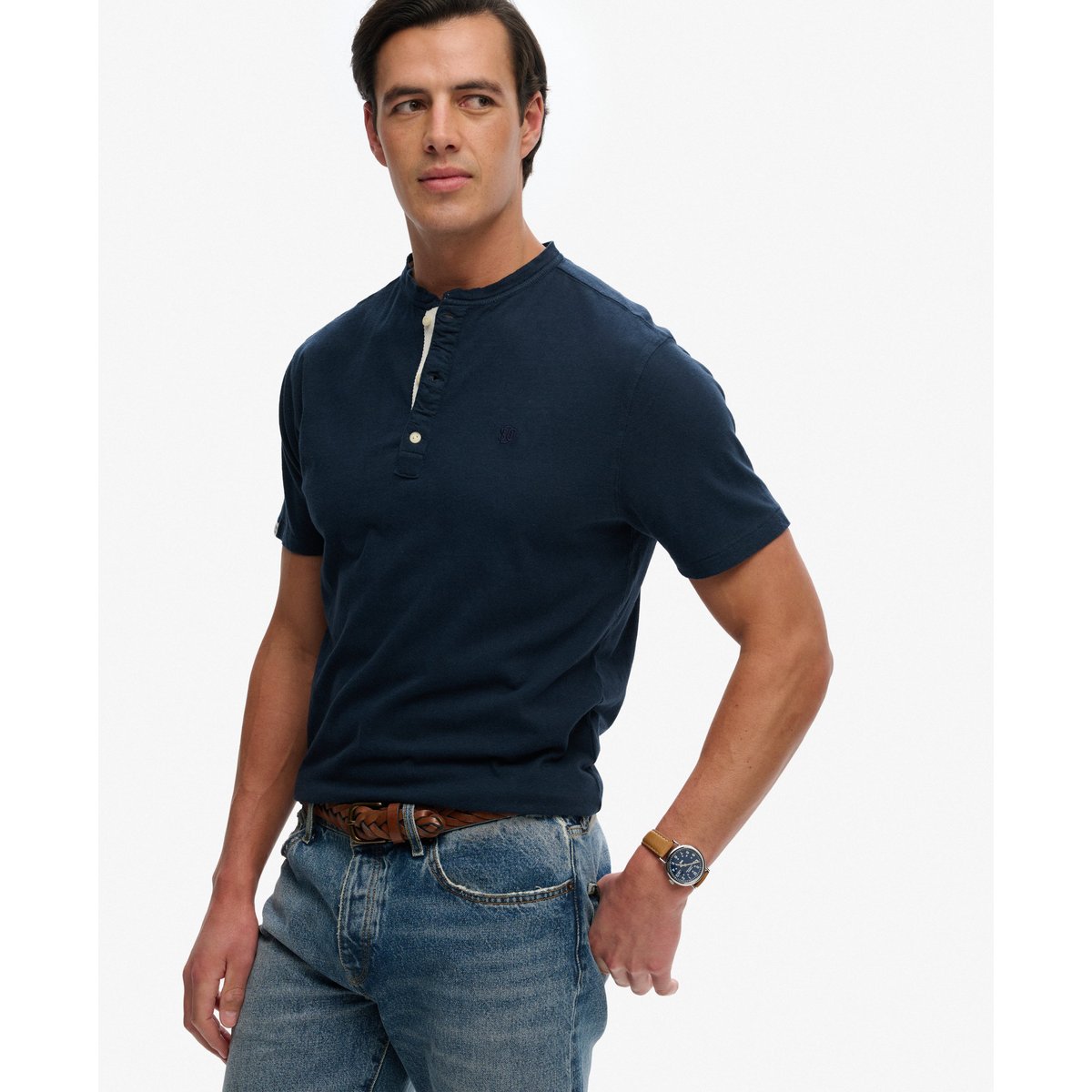 T-shirt Henley à manches courtes en coton et lin bleu marine chrome nordique, SUPERDRY