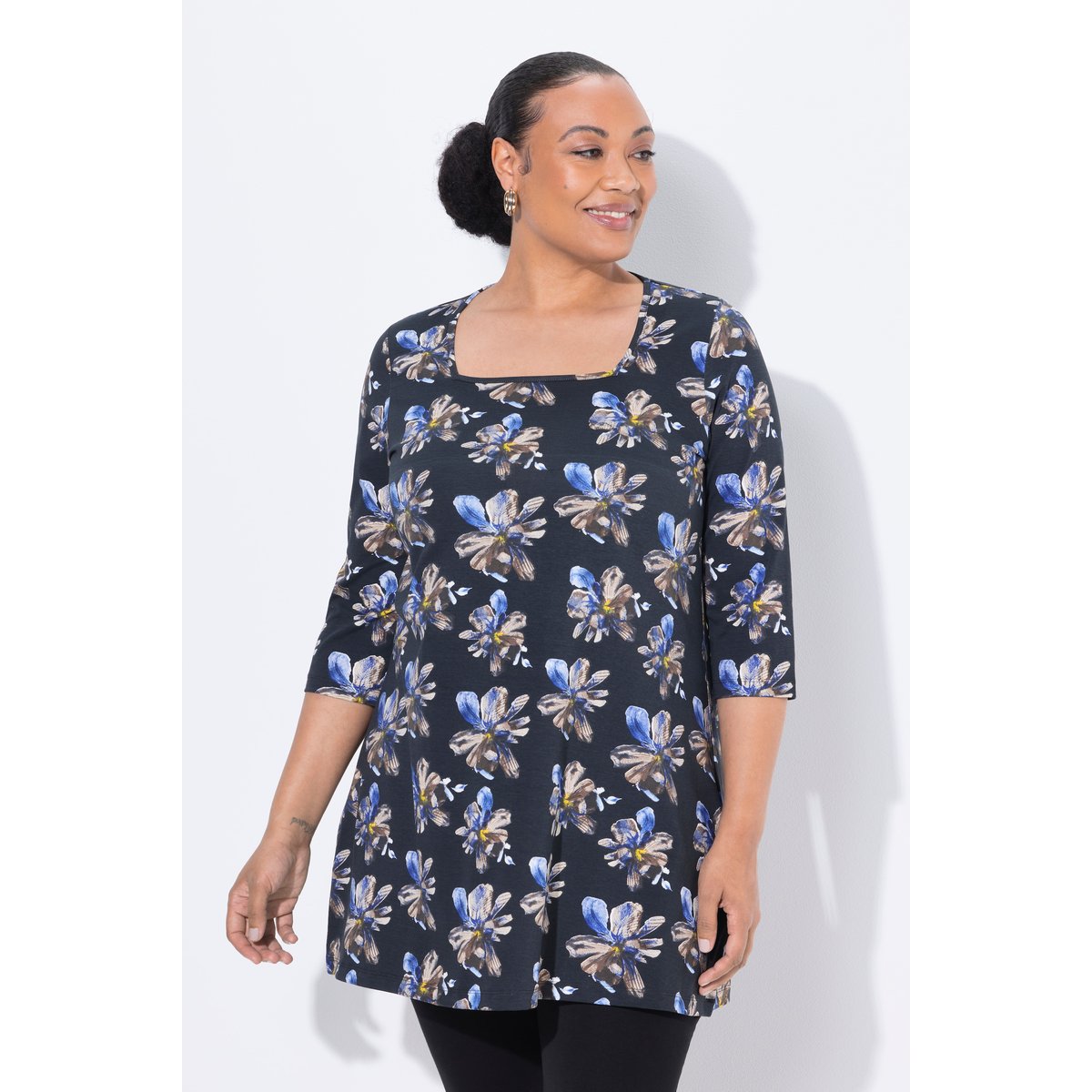 T-shirt long, décolleté carré et manches 3/4 noir, ULLA POPKEN
