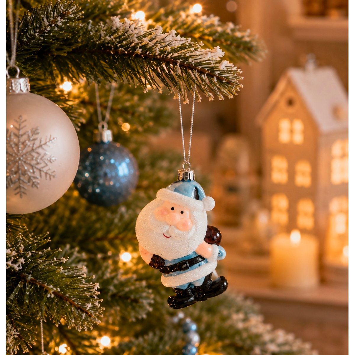 Set de 2 suspensions Père Noël et sa hotte bleu, EDEN