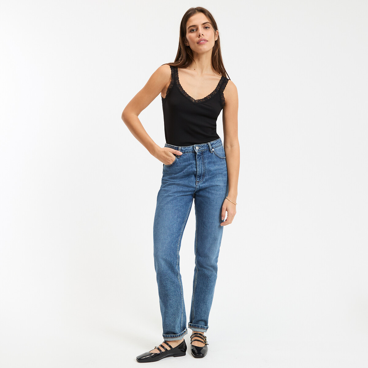 Camiseta de tirantes con cuello en pico y detalle de encaje negro, LA REDOUTE COLLECTIONS