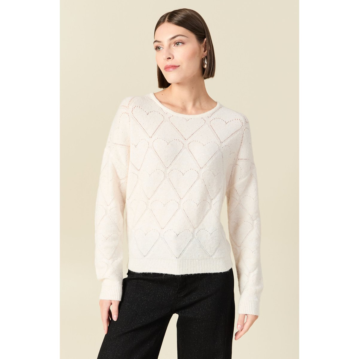 Pull manches longues col v brillant ecru, BONOBO