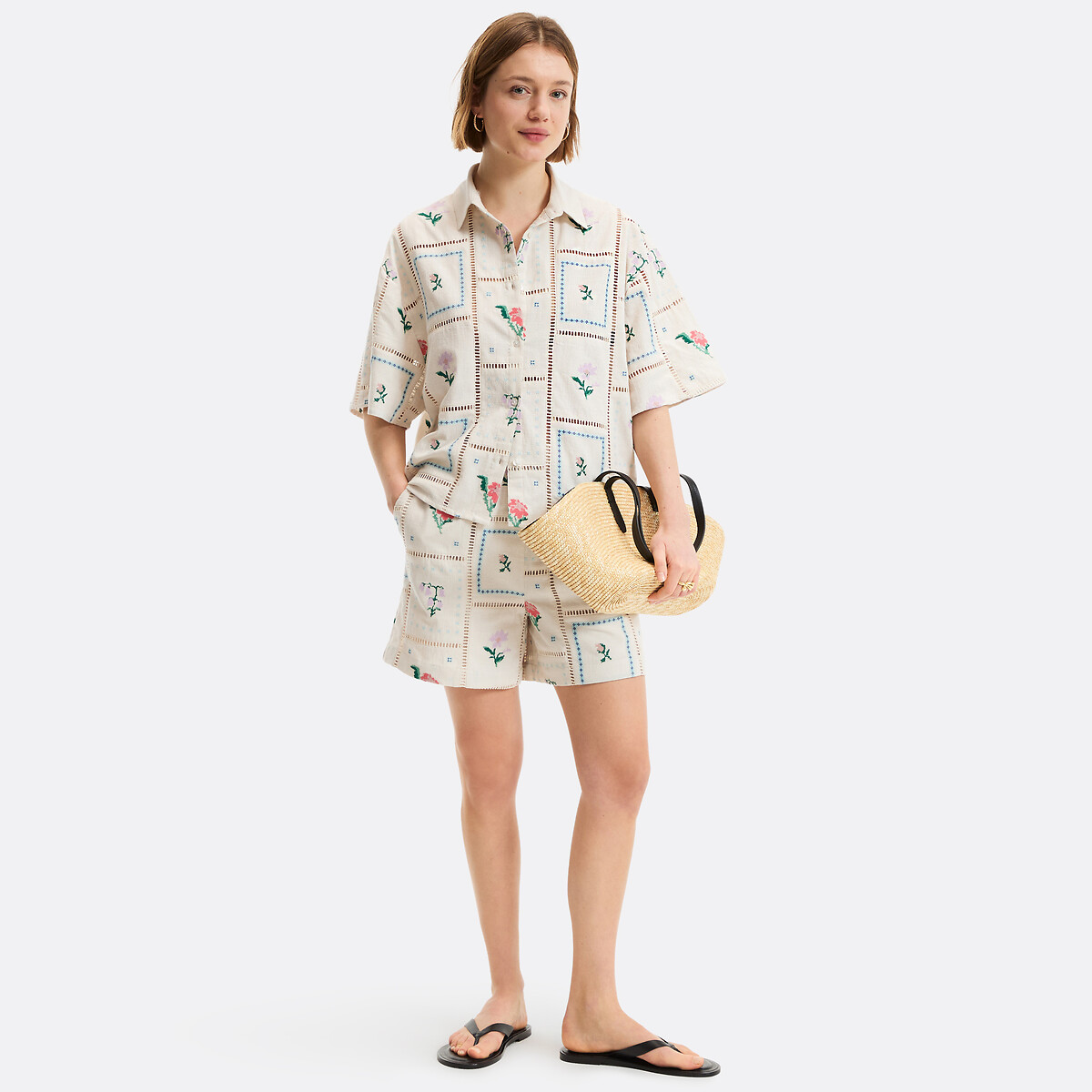 Chemise manches courtes brodée et ajourée ivoire brodé, LA REDOUTE COLLECTIONS