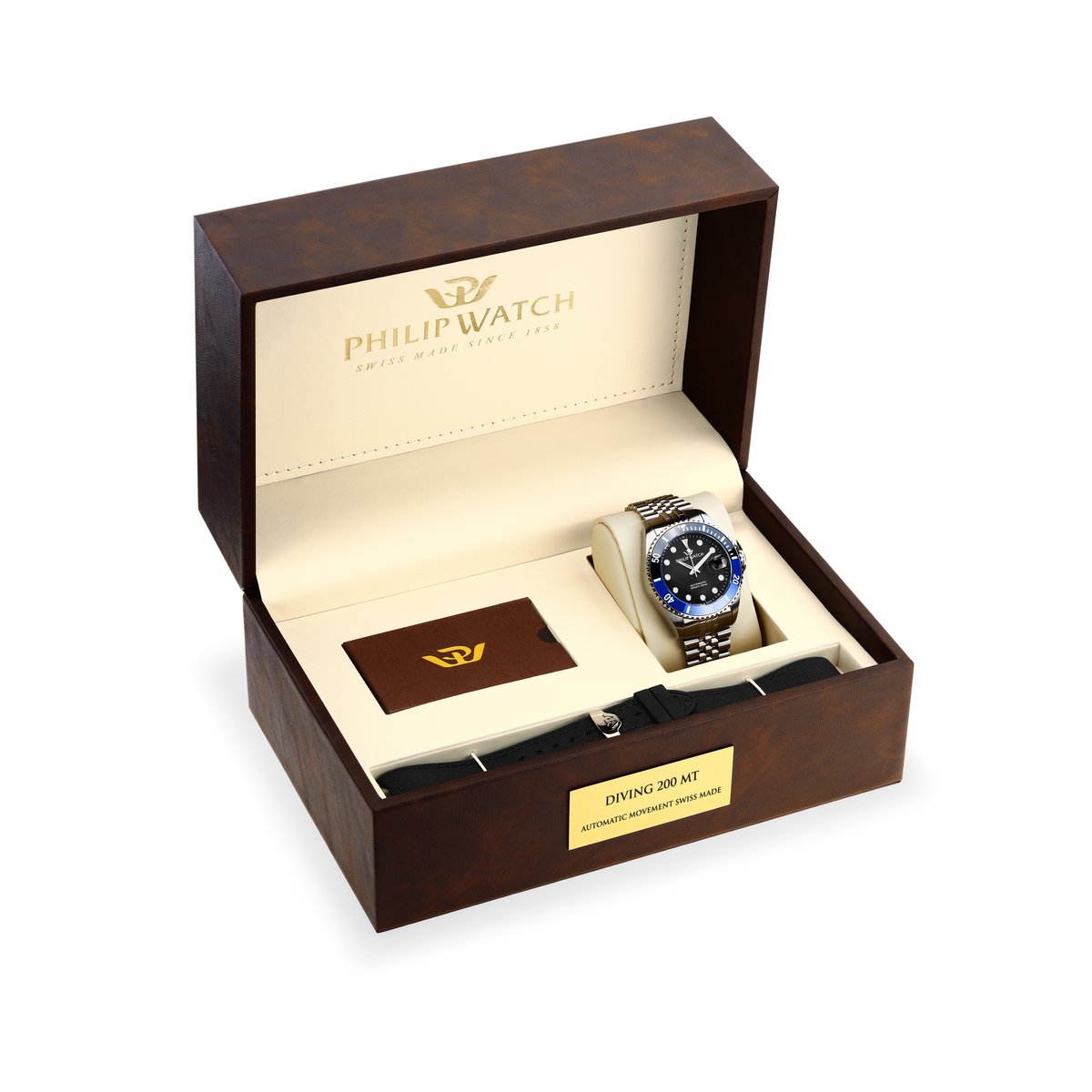 Montre analogique en acier, silicone CARIBE noir, bleu, argent, PHILIP WATCH
