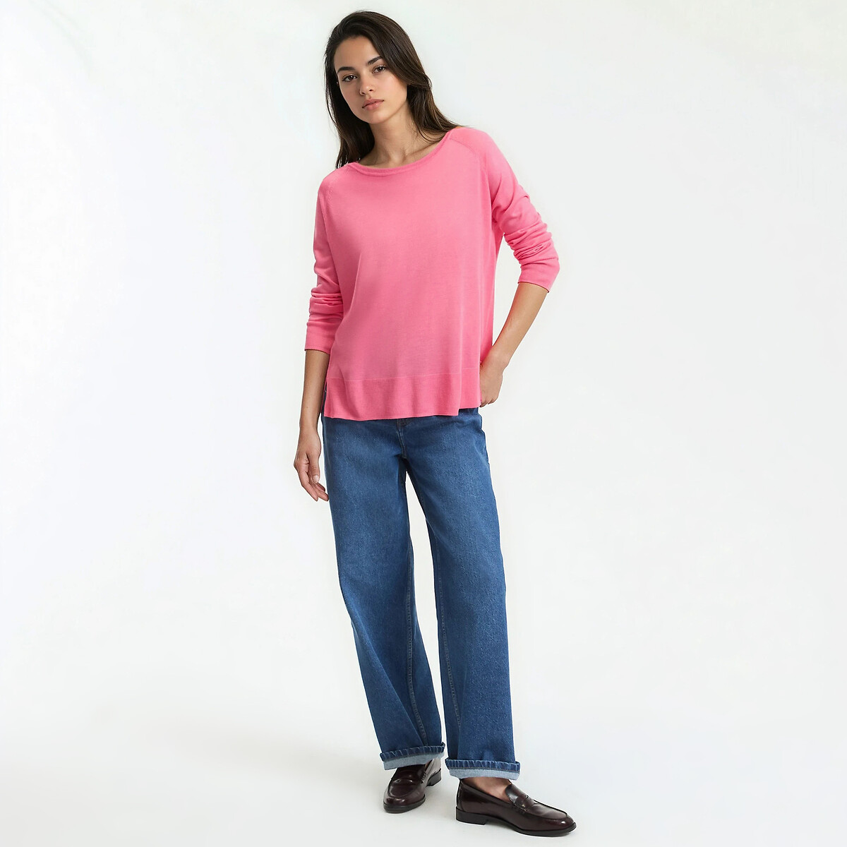 Pull col rond en maille fine, manches longues rose, LA REDOUTE COLLECTIONS