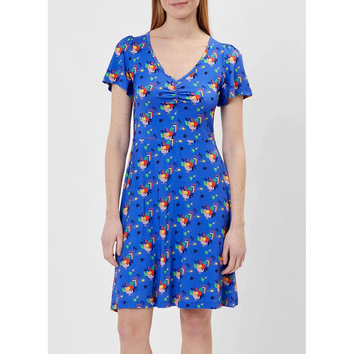 Robe imprimée fluide col V Ecovero LORENE bleu frutti, PRINCESSE NOMADE
