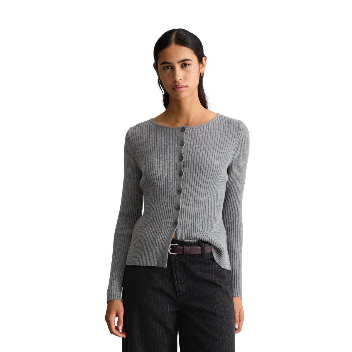 Cardigan ajusté en un mélange doux de laine vierge et de viscose gris, MARC O’POLO DENIM