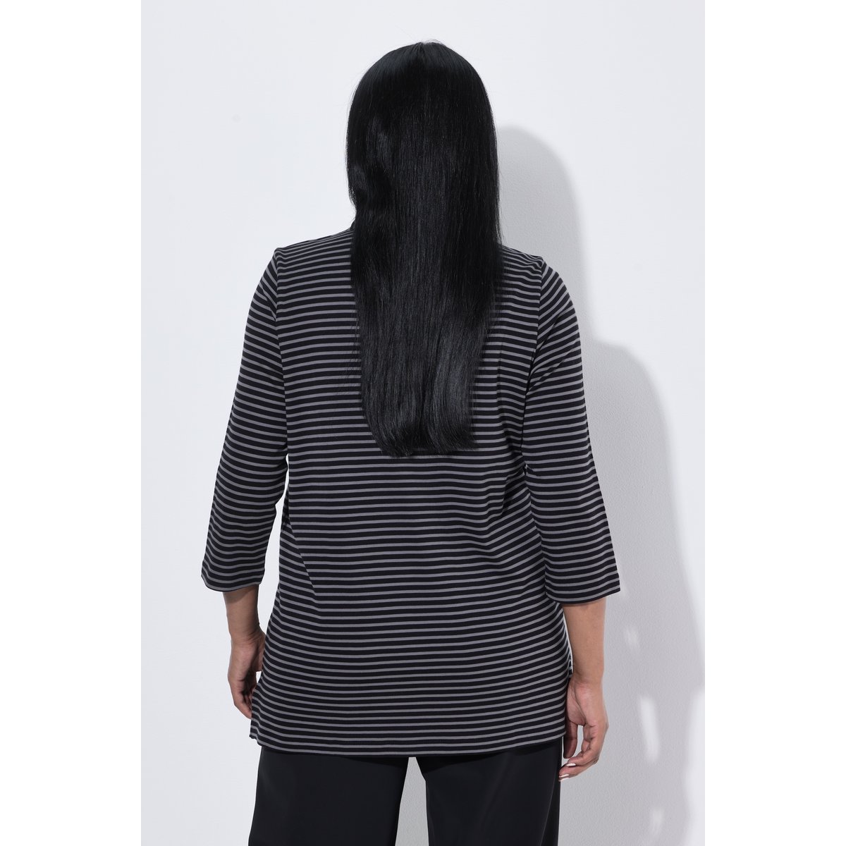 T-shirt, rayé, col jabot, manches 3/4 noir, ULLA POPKEN