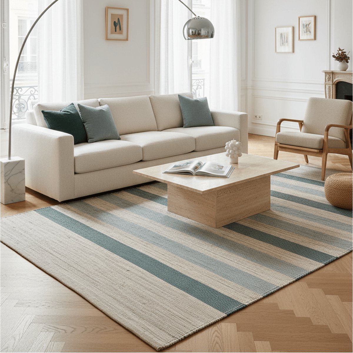 Tapis design en jute tissé main MISTRAL bleu naturel, AFK LIVING