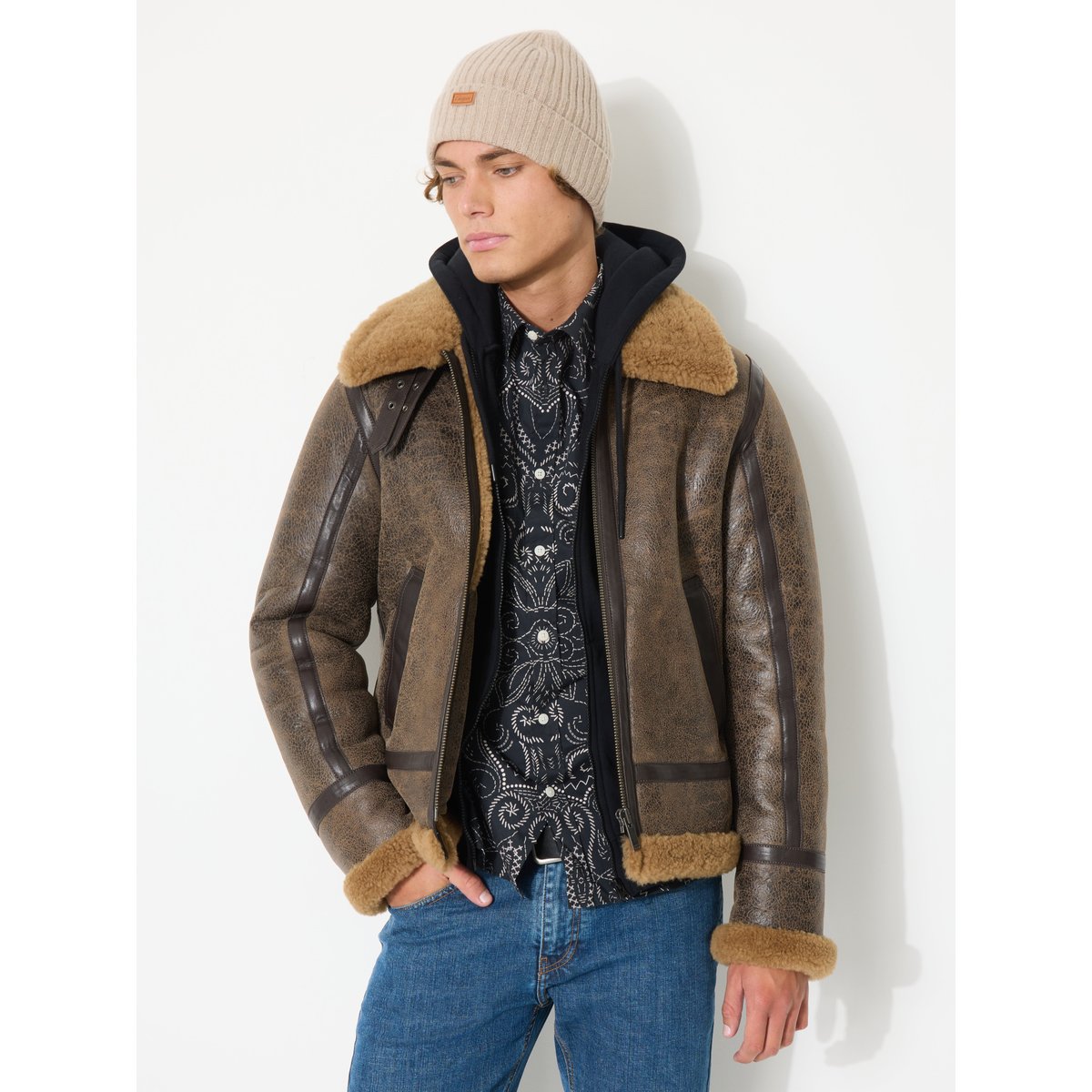Blouson bombardier en cuir BOMBARDIER CRACK marron, CHEVIGNON