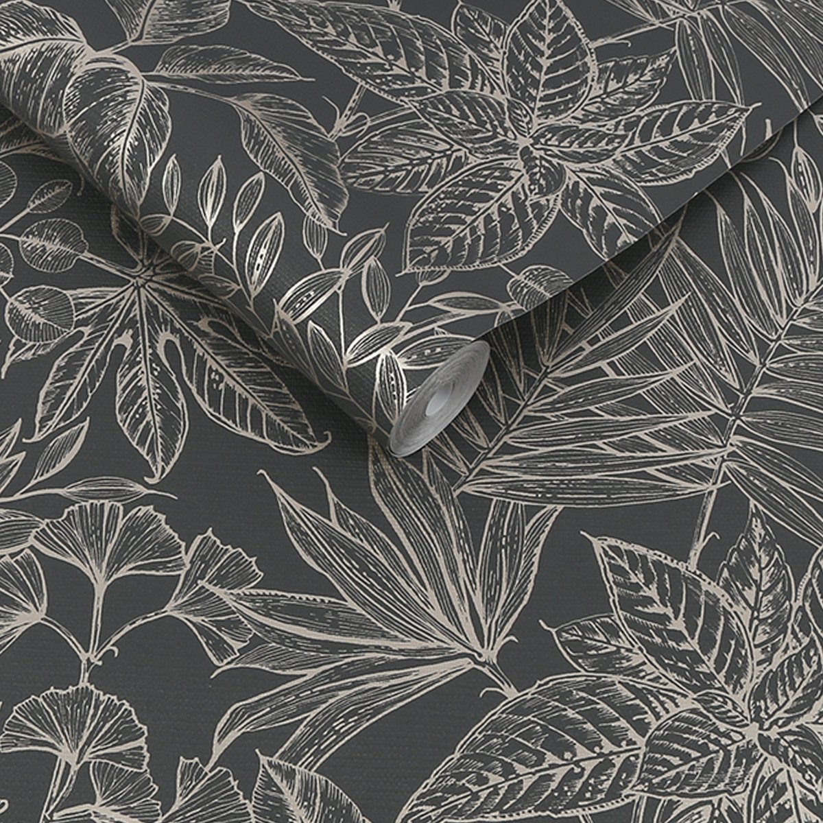 Papier peint Feuillage étincelant Paradis Doré anthracite, BOUTIQUE