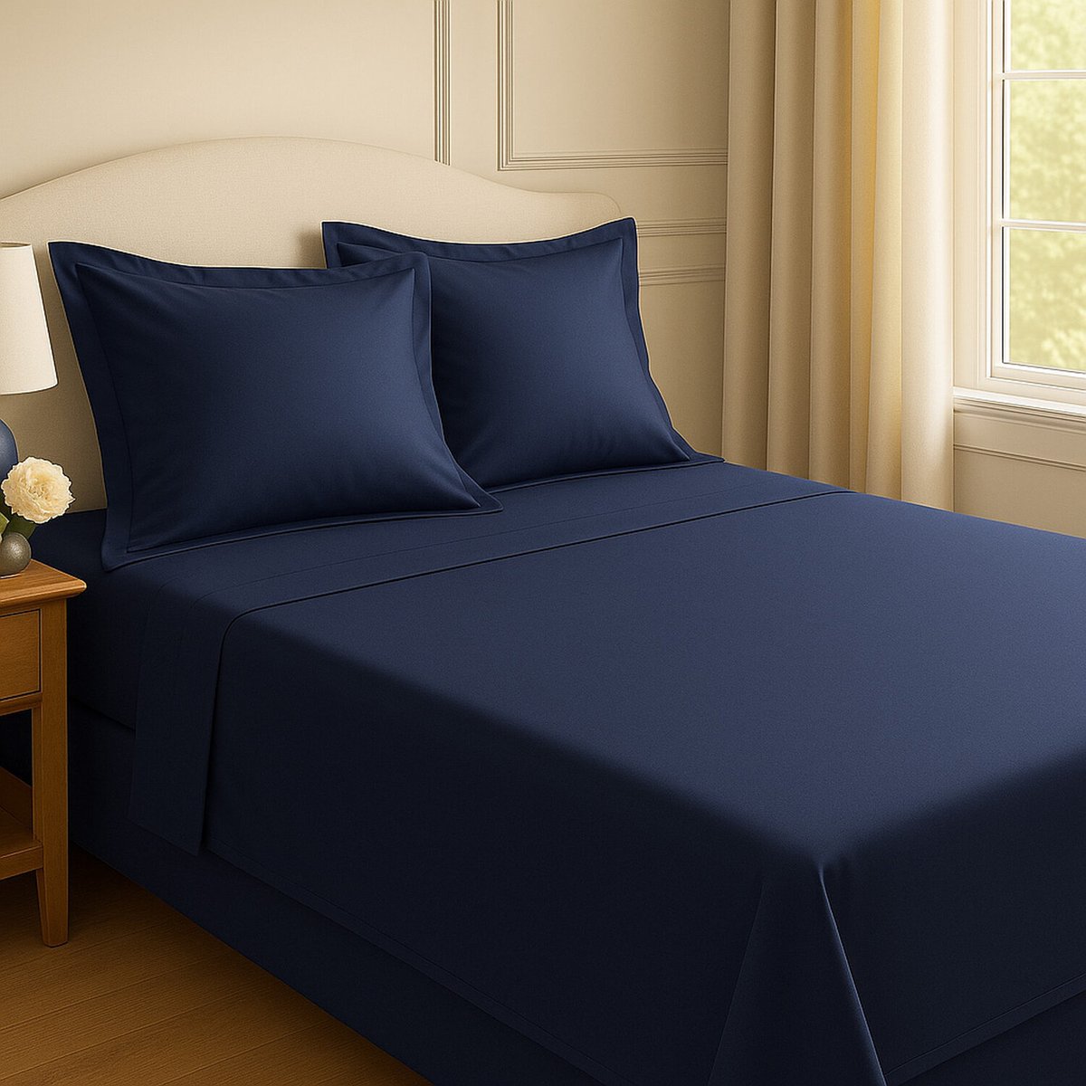Draps plat uni en satin de coton 2 personnes, DESIR bleu marine, BATON ROUGE