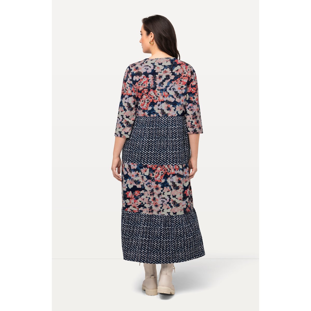 Robe trapèze longueur midi à col rond et bleu foncé, ULLA POPKEN