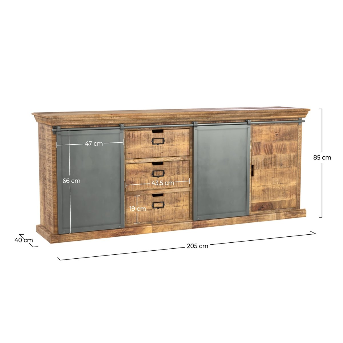 Grand buffet en bois et métal 3 portes 3 tiroirs - TABUK bois foncé et métal gris foncé, MAISON PAVANE