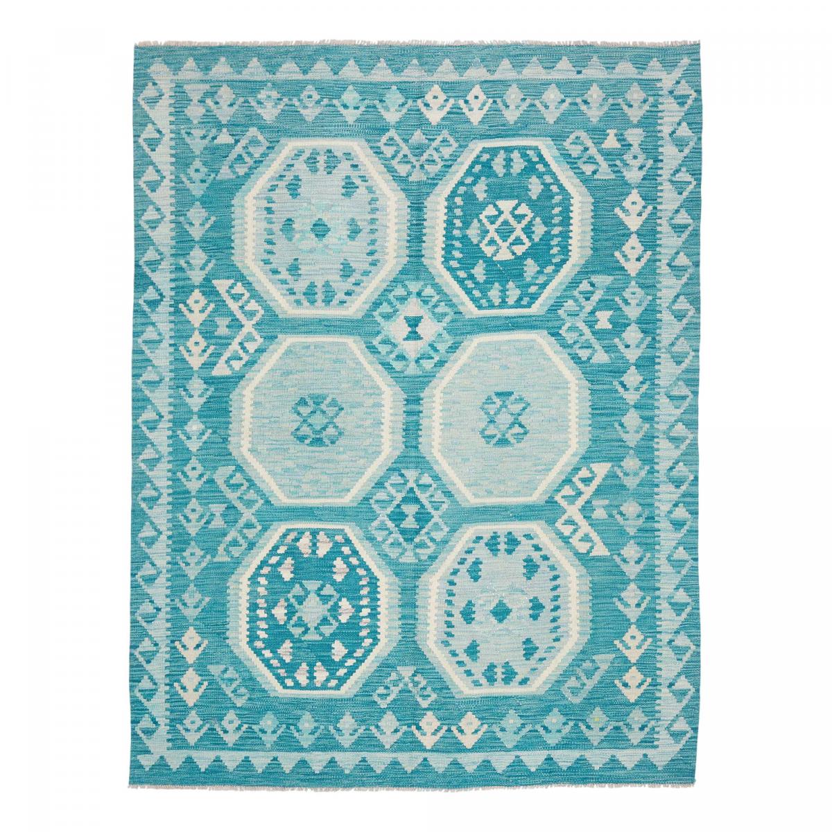 Tapis kilim, motif géométrique authentique, tissage plat en laine bleu, blanc, UN AMOUR DE TAPIS