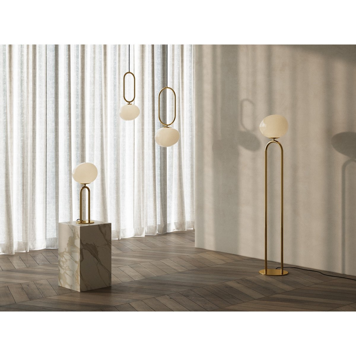 Lampadaire Irrégulier et Elégant en Verrerie, SHAPES doré, DESIGN FOR THE PEOPLE