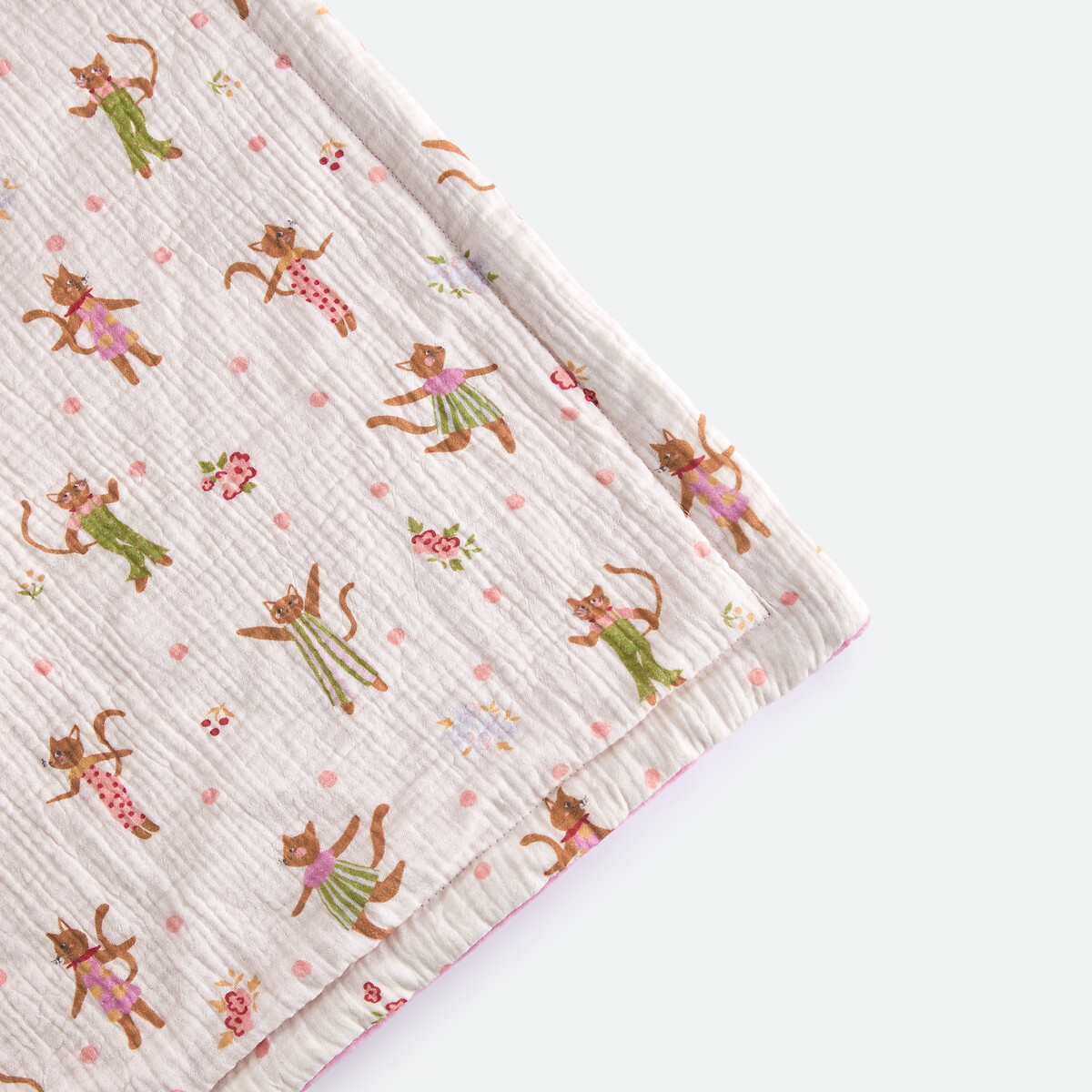 Manta estampada de tejido polar y gasa de algodón, CHATS FLEURIS estampado gato, LA REDOUTE INTERIEURS