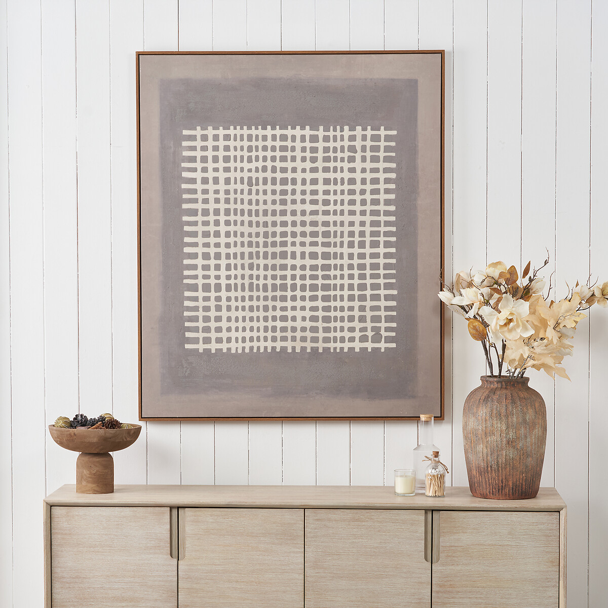 100x120cm Brown and Natural Grid Design Canvas with Oak Effect Frame brown              , ÉDITÉ