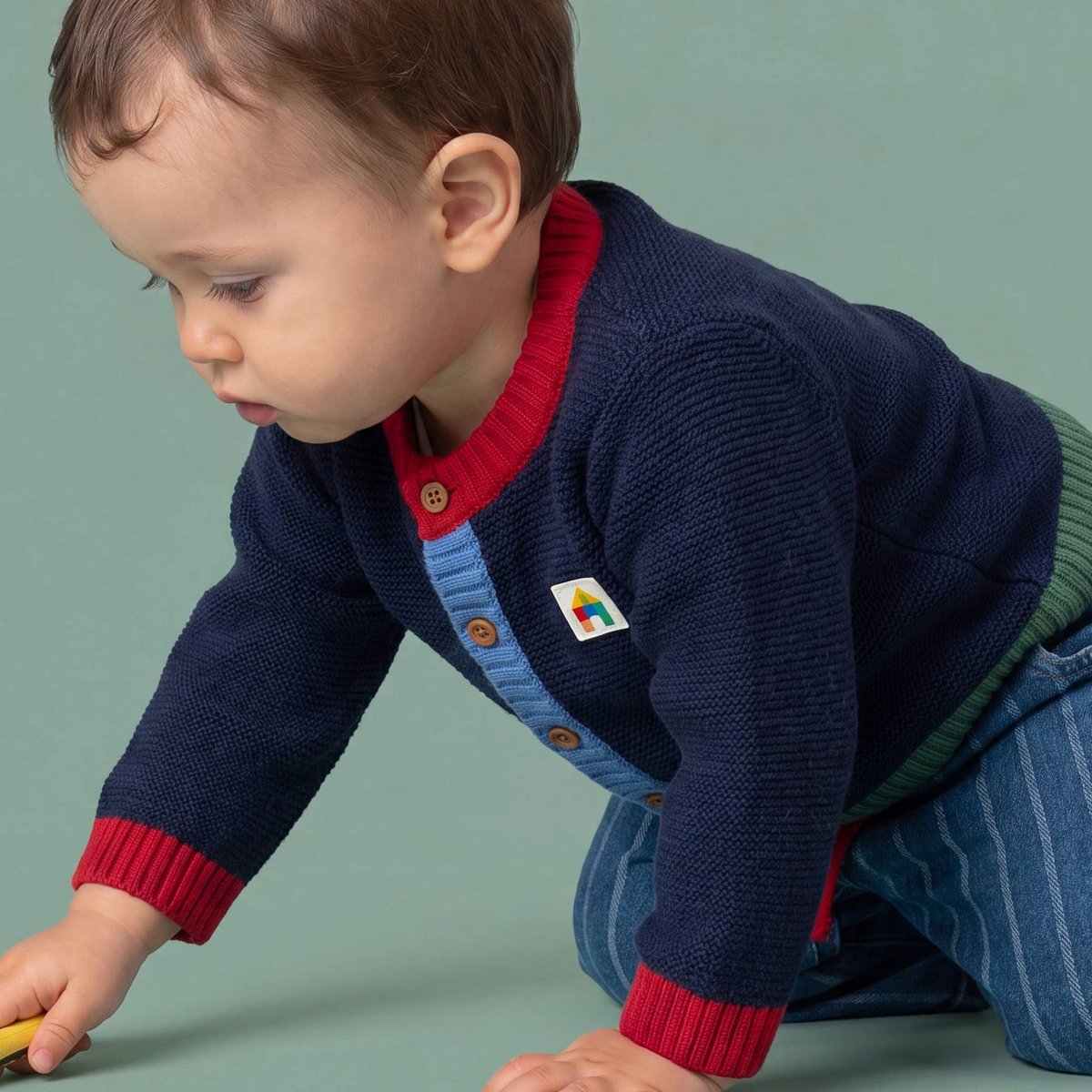 Cardigan en point mousse en coton pierre bleue, BOUT'CHOU