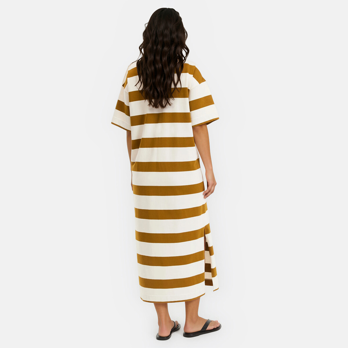 Robe longue rayée boutons épaules, manches courtes ecru rayé marron, LA REDOUTE COLLECTIONS