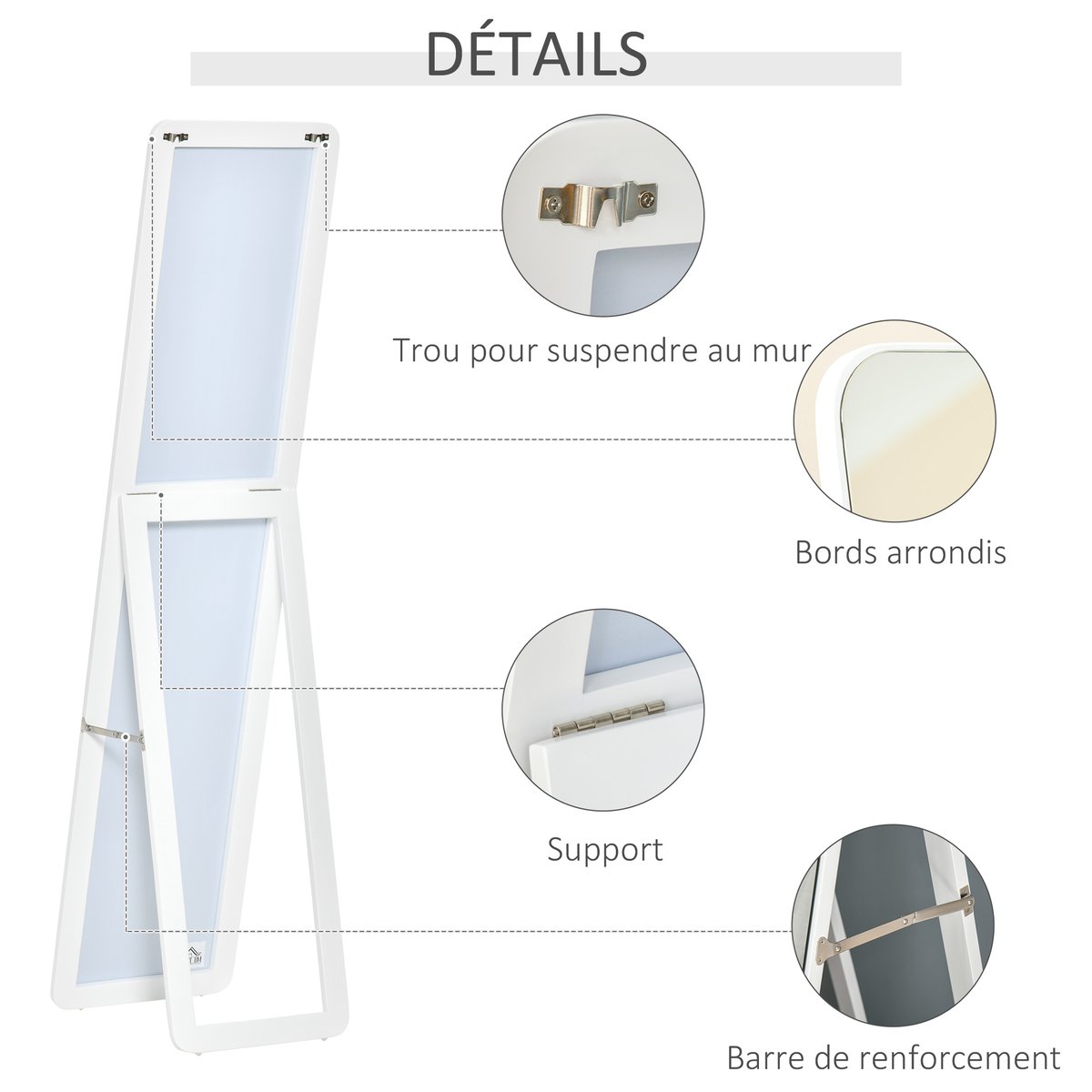 Miroir en pied MDF Bois naturel blanc, HOMCOM